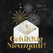 Nieuwjaarskaart envelop vuurwerk goud sterren 2023