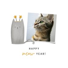 Nieuwjaarskaart happy meow year met foto en kat