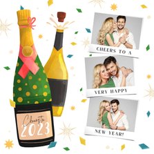 Nieuwjaarskaart illustratie champagneflessen drie foto's