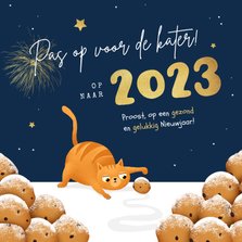 Nieuwjaarskaart kat oliebollen grappig 2023 kater sterren