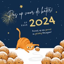 Nieuwjaarskaart kat oliebollen grappig 2024 kater sterren
