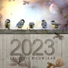 Nieuwjaarskaart koolmezen op houten schutting met maantje