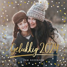 Nieuwjaarskaart met eigen foto, gouden 2024 en confetti