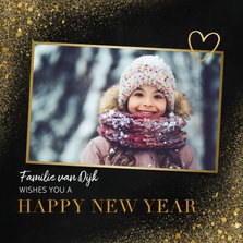 Nieuwjaarskaart met foto, goudlook en happy new year