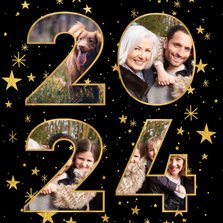 Nieuwjaarskaart met gouden sterren en 2024 fotocollage