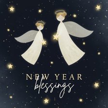 Nieuwjaarskaart New Year Blessings met 2 engelen en sterren
