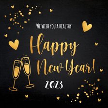 Nieuwjaarskaart zwart goudlook champagne hartjes