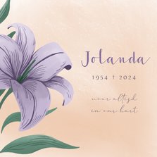 Rouwkaart voor vrouw met illustratie van paarse lelie
