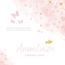 Rouwkaartje met roze en gouden hartjes voor een meisje