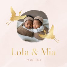 Roze geboortekaartjes tweeling met foto gouden kraanvogel