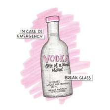 Roze kaart for a bad day met illustratie van een fles wodka