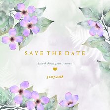 Save the date kaart botanisch lila-roze bloemen