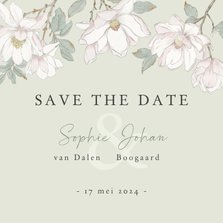 Save the date kaart met witte magnolia bloemen