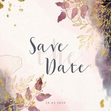 Save the Date kaart stijlvol met waterverf en gouden bloemen