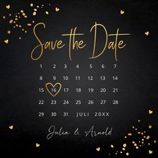 Save the Date kaart zwart goudlook met kalender uitnodiging