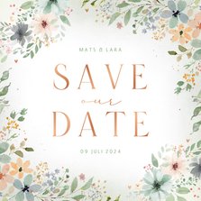 Save the date kader met bloemetjes waterverf zachte kleuren