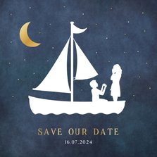 Save the Date trouwkaart - silhouet van aanzoek in zeilboot 