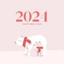 Schattige roze nieuwjaarskaart met ijsbeertjes in de sneeuw