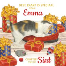Sinterklaaskaart kitten vindt cadeautjes in schoen