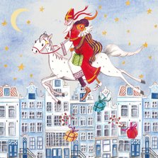 Sinterklaaskaart met Sint en Piet te paard boven de stad
