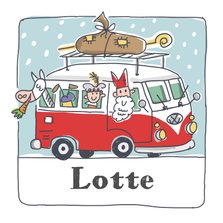 Sinterklaaskaart sint met pieten in volkswagenbusje