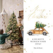Stijlvolle kerstverhuiskaart auto kerstboom sterren goud
