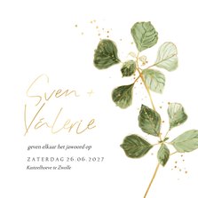 Stijlvolle trouwkaart illustratie botanisch blad lijn goud