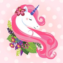 Stijlvolle verjaardagskaart met unicorn en bloemen