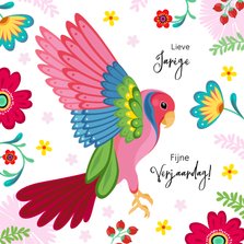 Stijlvolle verjaardagskaart papegaai met bloemen en planten