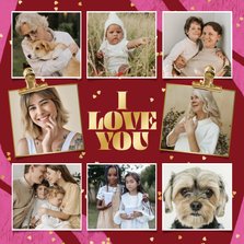 Stijlvolle wenskaart I love you fotocollage hartjes goud