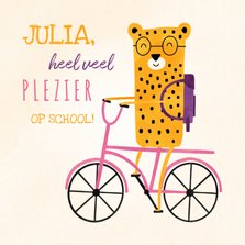 Succes kaart school met luipaardje op roze fiets