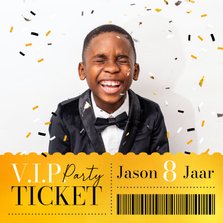 Ticket VIP kinderfeestje goud uitnodiging confetti foto