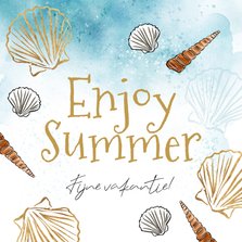 Trendy vakantiekaart ‘Enjoy Summer’ schelpen watercolor goud