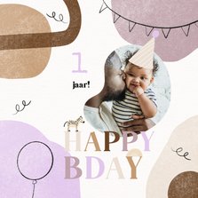 Trendy verjaardagskaart roze abstract foto slinger 1 jaar