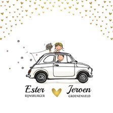Trouwkaart auto wit hartjes goud av