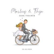 Trouwkaart fiets met bruidspaar hartjes