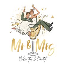Trouwkaart grappig cartoon mr mrs bruidspaar champagne