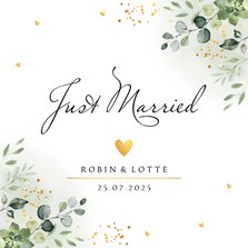 Trouwkaart just married botanisch groen blaadjes goudlook