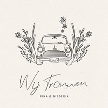 Trouwkaart met illustratie van auto en bloemen