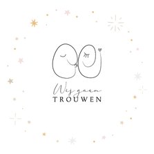 Trouwkaart met subtiele lijntekening van verliefd stel