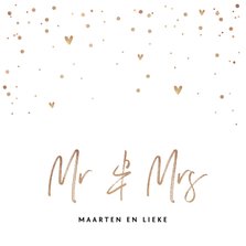 Trouwkaart Mr & Mrs met goudlook tekst, confetti en hartjes
