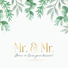 Trouwkaart uitnodiging Mr and Mr gay eucalyptus goud 