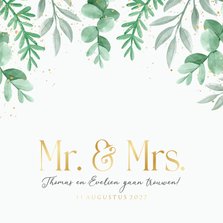 Trouwkaart uitnodiging Mr and Mrs eucalyptus goud