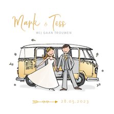Trouwkaart VW bus bruidspaar