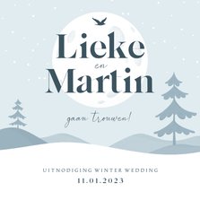 Trouwkaart winter illustratie landschap sneeuw uitnodiging