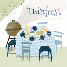 Tuinfeest bbq uitnodiging illustratie tafel buiten blauw