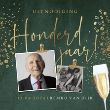 Uitnodiging 100 jaar velvet groen goudlook bubbles champagne