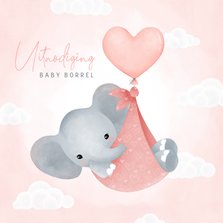 Uitnodiging baby borrel meisje olifantje in draagzak ballon