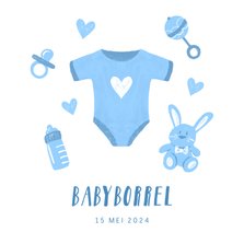 Uitnodiging babyborrel met blauw rompertje en hartjes 