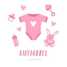 Uitnodiging babyborrel met roze rompertje en hartjes 